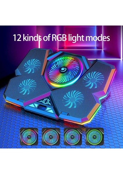 12 Rgb Işık Modlu LCD Ekranlı Notebook Soğutucu - Yükseklik Ayarlı Fan Hız Kontrollü Telefon Tutucu