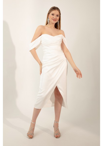 Kadın Beyaz Kayık Yaka Drapeli Midi Abiye Elbise