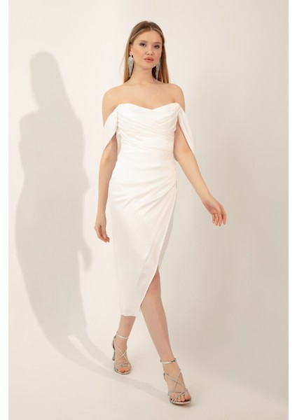 Kadın Beyaz Kayık Yaka Drapeli Midi Abiye Elbise fiyatları