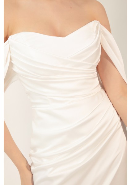 Kadın Beyaz Kayık Yaka Drapeli Midi Abiye Elbise fırsatları