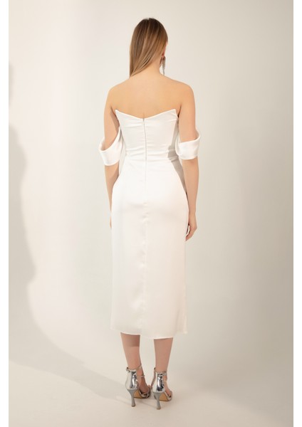 Kadın Beyaz Kayık Yaka Drapeli Midi Abiye Elbise indirimleri