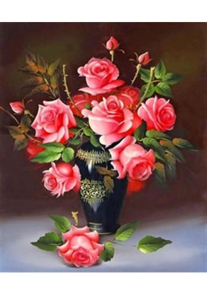 Siyah Vazodaki Pembe Güller Pixart Sanat Elmas Mozaik Tablo Diamond Türkiye 53*63
