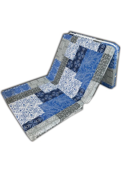 Katlanır Sünger Yatak Ekose Minder Yatak Fermuarlı 70X180X6 Cm-Mavi Etnik