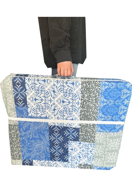 Tek Kişilik Katlanır Yer Minderi Süngerli Minder 70X180X6 Cm-Mavi Etnik