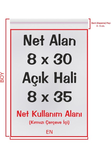 8X30+5 Cm. (8*35) 100 Adet - Şeffaf Bantlı Yapışkanlı Opp Jelatin Poşet