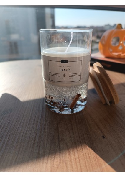 Urania | Doğal Tarçın Kokusu | %100 Doğal Soya Mum | Bambu Kapaklı Cam Kavanoz | Vegan|bambu