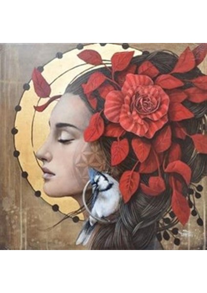 Kırmızı Çiçekler ve Kadın Pixart Sanat Elmas Mozaik Tablo Diamond Türkiye 53*53