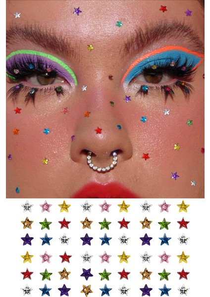 Renkli Yıldız Yüz ve Vücut Taşı Face Gems 56 Parça