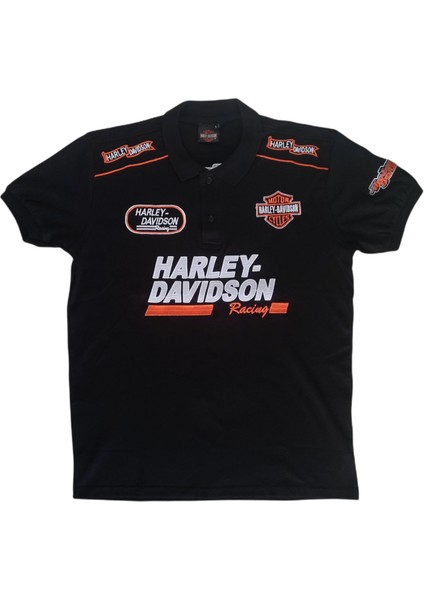 Erkek Polo Yakalı Harley Davidson Baskılı Aplikeli Kısa Kollu Siyah Tişört Etp-Hd