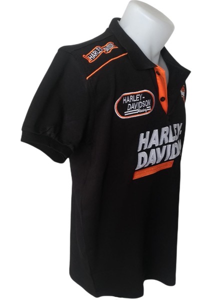 Erkek Polo Yakalı Harley Davidson Baskılı Aplikeli Kısa Kollu Siyah Tişört Etp-Hd modelleri
