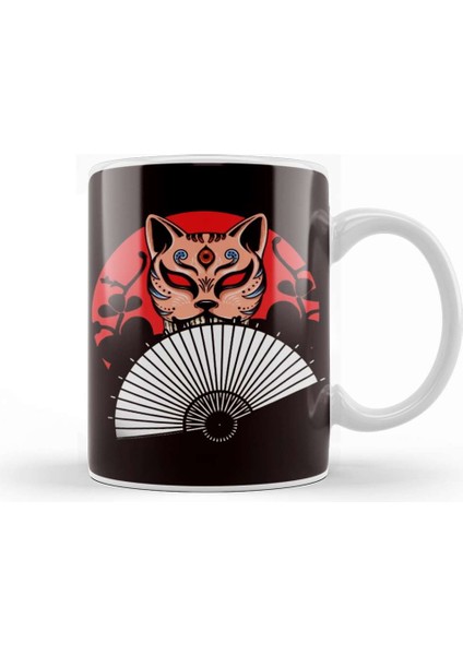 Japanese Hand Fan Cat Geisha Samurai Ninja Shinobi Warrior Kupa Bardak Porselen