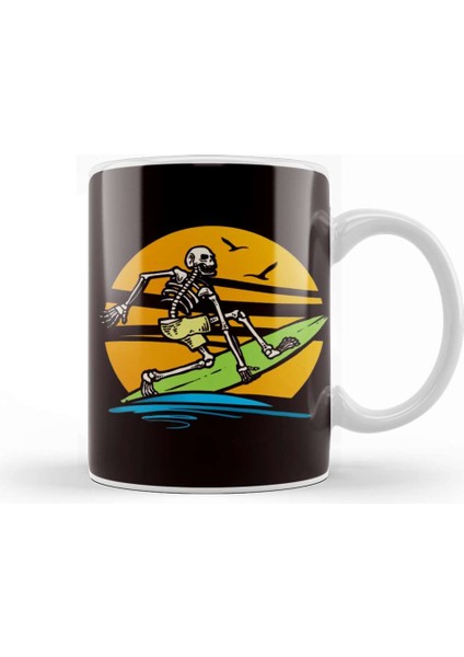 Skeleton Surfer Surfboard Surfing Water Sports Longboard Kupa Bardak Porselen