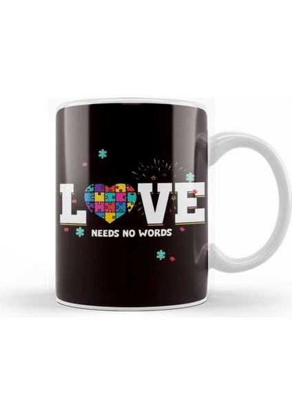 Love Needs No Words Heart Autism Awareness Puzzle Ribbon Kupa Bardak Porselen