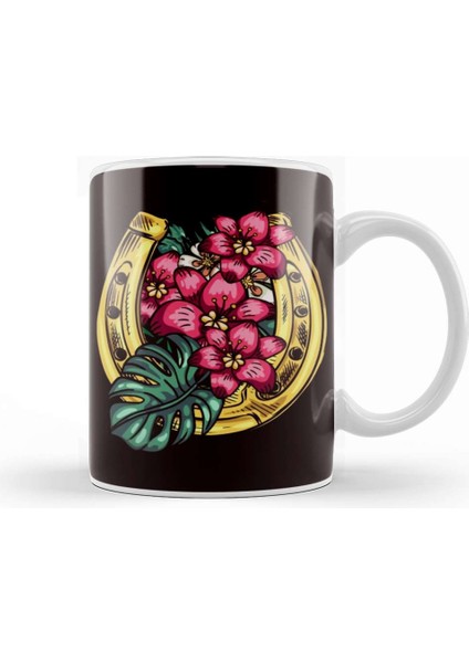 Horseshoe Flower Lucky Equestrian Sport Horses Fan Saddle Kupa Bardak Porselen