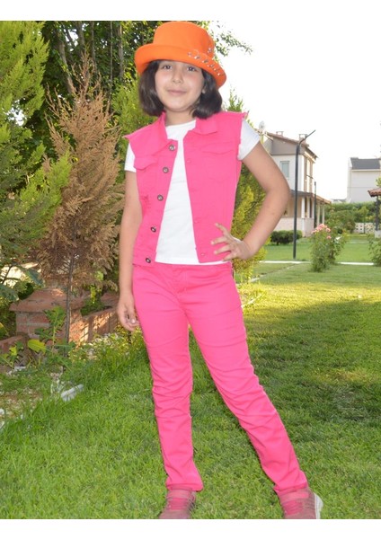 Fuşya Yelek-Pantalon Keten Takım