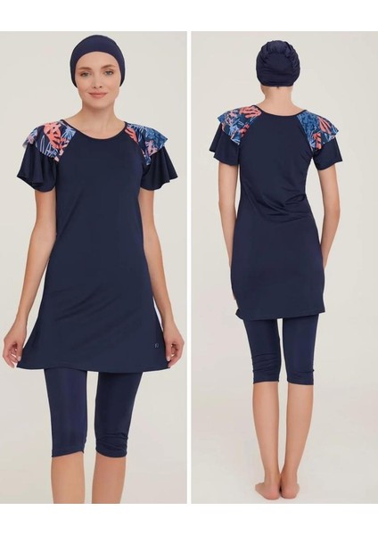 Akbahar 8086 Kısa Kol Lycralı Dijital Desen Tesettür Havuz Mayo modelleri