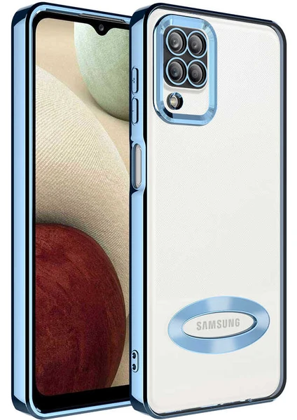 Caseart Samsung Galaxy M12 Kapak Yanları Renkli Lens Korumalı Logo Gösteren Şeffaf Luxury Silikon Kılıf - Mavi