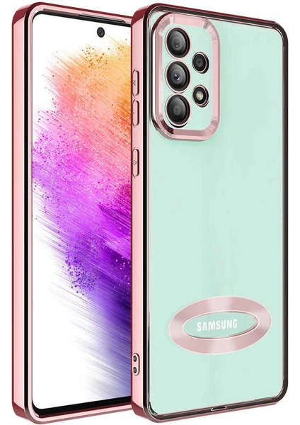 Caseart Samsung Galaxy A33 Kapak Yanları Renkli Lens Korumalı Logo Gösteren Şeffaf Luxury Silikon Kılıf - Rose Gold