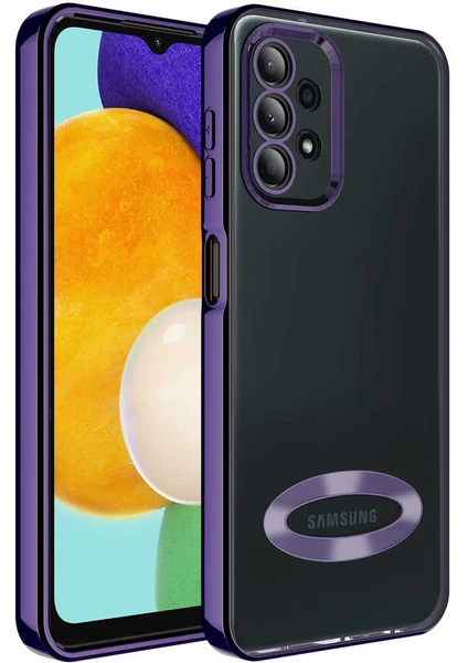 Caseart Samsung Galaxy A23 Kapak Yanları Renkli Lens Korumalı Logo Gösteren Şeffaf Luxury Silikon Kılıf - Mor