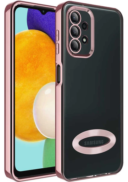 Caseart Samsung Galaxy A23 Kapak Yanları Renkli Lens Korumalı Logo Gösteren Şeffaf Luxury Silikon Kılıf - Rose Gold