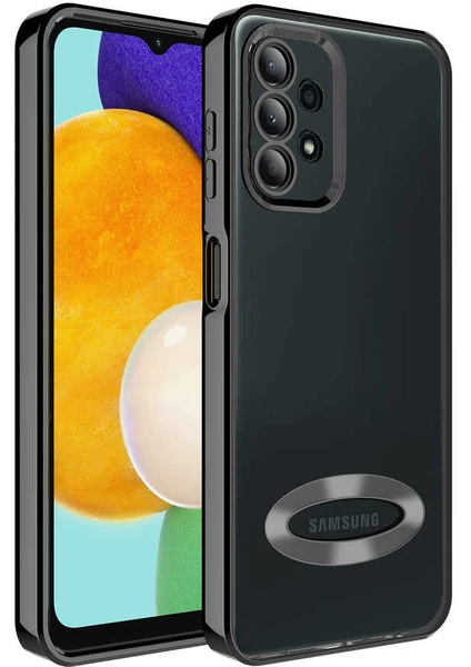 Caseart Samsung Galaxy A23 Kapak Yanları Renkli Lens Korumalı Logo Gösteren Şeffaf Luxury Silikon Kılıf - Siyah