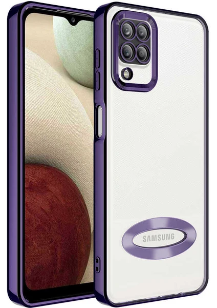 Caseart Samsung Galaxy M12 Kapak Yanları Renkli Lens Korumalı Logo Gösteren Şeffaf Luxury Silikon Kılıf - Mor