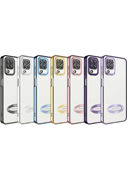 Caseart Samsung Galaxy M12 Kapak Yanları Renkli Lens Korumalı Logo Gösteren Şeffaf Luxury Silikon Kılıf - Mor