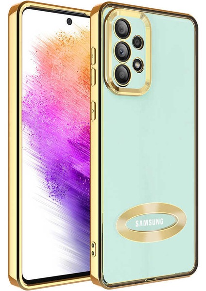 Samsung Galaxy A33 Kapak Yanları Renkli Lens Korumalı Logo Gösteren Şeffaf Luxury Silikon Kılıf - Gold