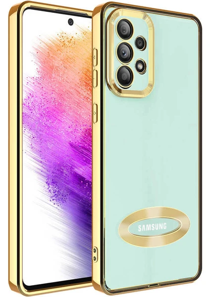 Caseart Samsung Galaxy A33 Kapak Yanları Renkli Lens Korumalı Logo Gösteren Şeffaf Luxury Silikon Kılıf - Gold