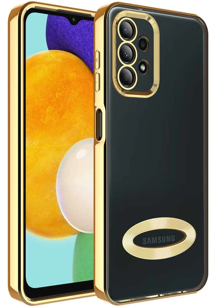 Caseart Samsung Galaxy A23 Kapak Yanları Renkli Lens Korumalı Logo Gösteren Şeffaf Luxury Silikon Kılıf - Gold