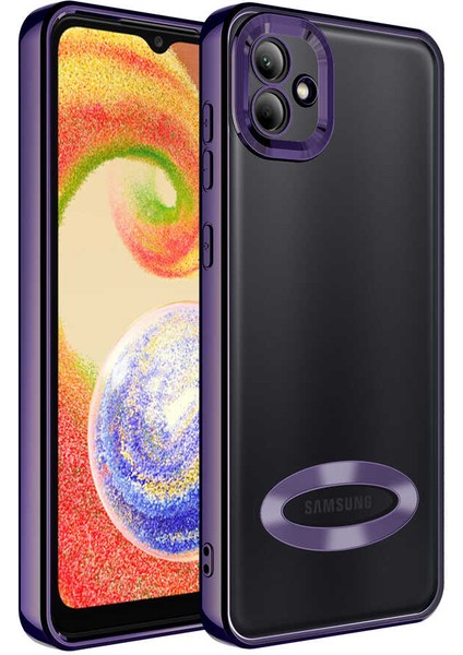 Samsung Galaxy A03 Kapak Yanları Renkli Lens Korumalı Logo Gösteren Şeffaf Luxury Silikon Kılıf - Mor