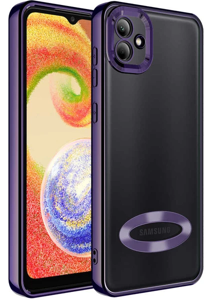 Caseart Samsung Galaxy A03 Kapak Yanları Renkli Lens Korumalı Logo Gösteren Şeffaf Luxury Silikon Kılıf - Mor