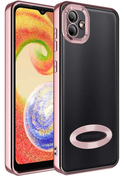 Caseart Samsung Galaxy A03 Kapak Yanları Renkli Lens Korumalı Logo Gösteren Şeffaf Luxury Silikon Kılıf - Rose Gold