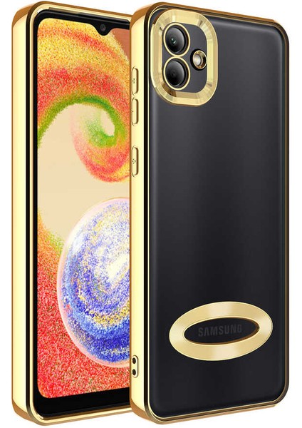 Samsung Galaxy A03 Kapak Yanları Renkli Lens Korumalı Logo Gösteren Şeffaf Luxury Silikon Kılıf - Gold