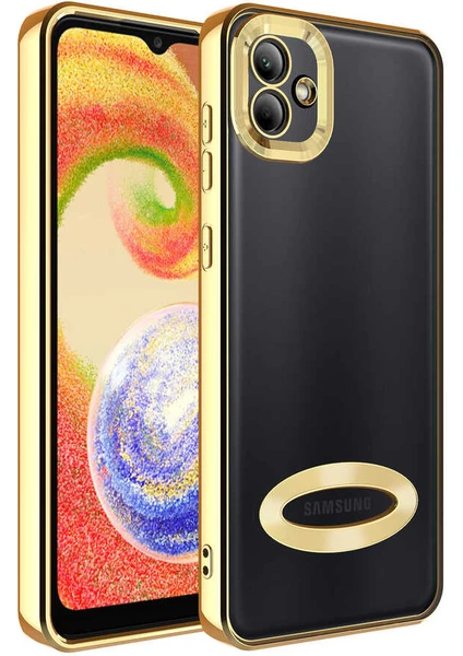 Caseart Samsung Galaxy A03 Kapak Yanları Renkli Lens Korumalı Logo Gösteren Şeffaf Luxury Silikon Kılıf - Gold