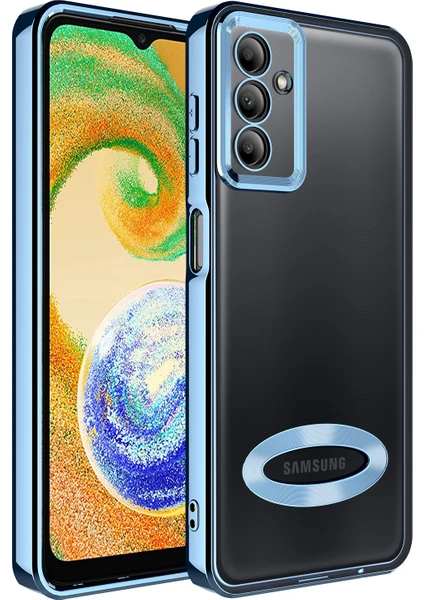 Caseart Samsung Galaxy A04S Kapak Yanları Renkli Lens Korumalı Logo Gösteren Şeffaf Luxury Silikon Kılıf - Mavi