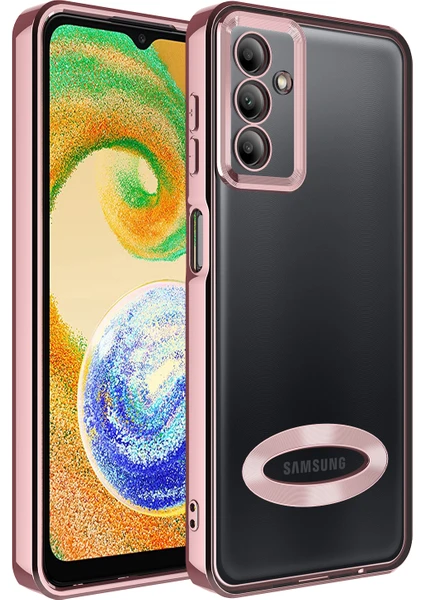 Caseart Samsung Galaxy A04S Kapak Yanları Renkli Lens Korumalı Logo Gösteren Şeffaf Luxury Silikon Kılıf - Rose Gold