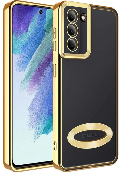 Case World Samsung Galaxy S21 Fe Kapak Yanları Renkli Lens Korumalı Logo Gösteren Şeffaf Luxury Silikon Kılıf - Gold