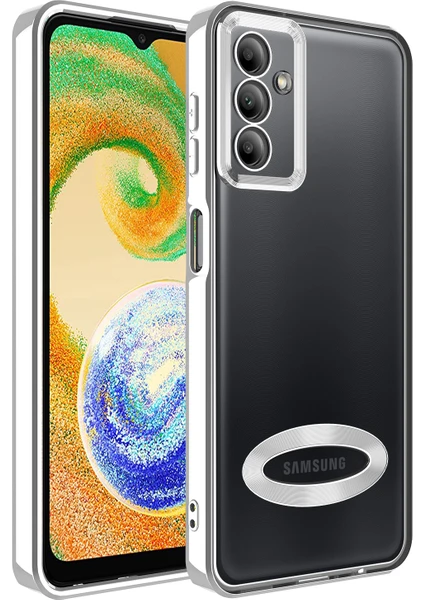 Case World Samsung Galaxy A04S Kapak Yanları Renkli Lens Korumalı Logo Gösteren Şeffaf Luxury Silikon Kılıf - Gümüş