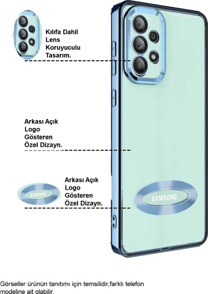 Samsung Galaxy S21 Fe Kapak Yanları Renkli Lens Korumalı Logo Gösteren Şeffaf Luxury Silikon Kılıf - Mavi