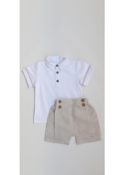 Erkek Çocuk Bej Keten Denizci Gömlek ve Şort Takım Özel Tasarım Yaz Teması