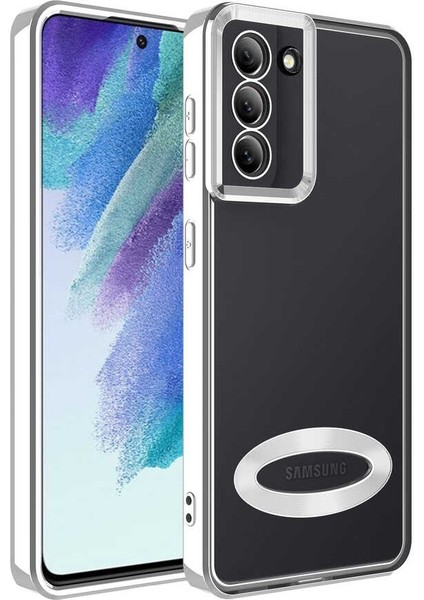Samsung Galaxy S21 Fe Kapak Yanları Renkli Lens Korumalı Logo Gösteren Şeffaf Luxury Silikon Kılıf - Gümüş