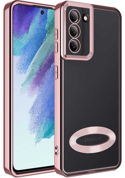 Samsung Galaxy S21 Fe Kapak Yanları Renkli Lens Korumalı Logo Gösteren Şeffaf Luxury Silikon Kılıf - Rose Gold