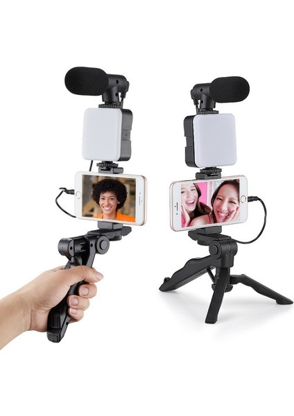 Profesyonel Selfie Mikrofon Tripod Ile LED Işık Stüdyo Mikrofon Kayıt Mikrofon Vlog Için