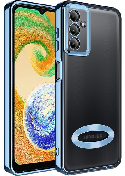 Samsung Galaxy A04S Kapak Yanları Renkli Lens Korumalı Logo Gösteren Şeffaf Luxury Silikon Kılıf - Mavi