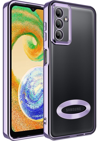 Samsung Galaxy A04S Kapak Yanları Renkli Lens Korumalı Logo Gösteren Şeffaf Luxury Silikon Kılıf - Lila