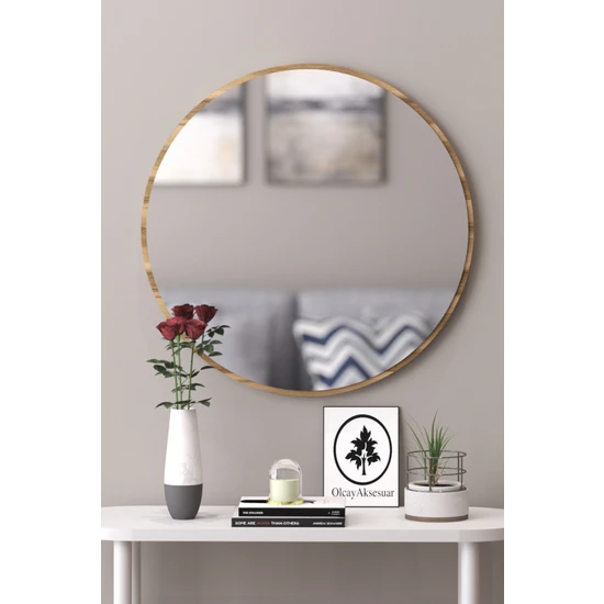 Olcay Aksesuar Ceviz Dekoratif 58CM Yuvarlak Ayna Antre Hol Koridor Duvar Aynası Salon Mutfak Banyo Wc Ofis Aynası
