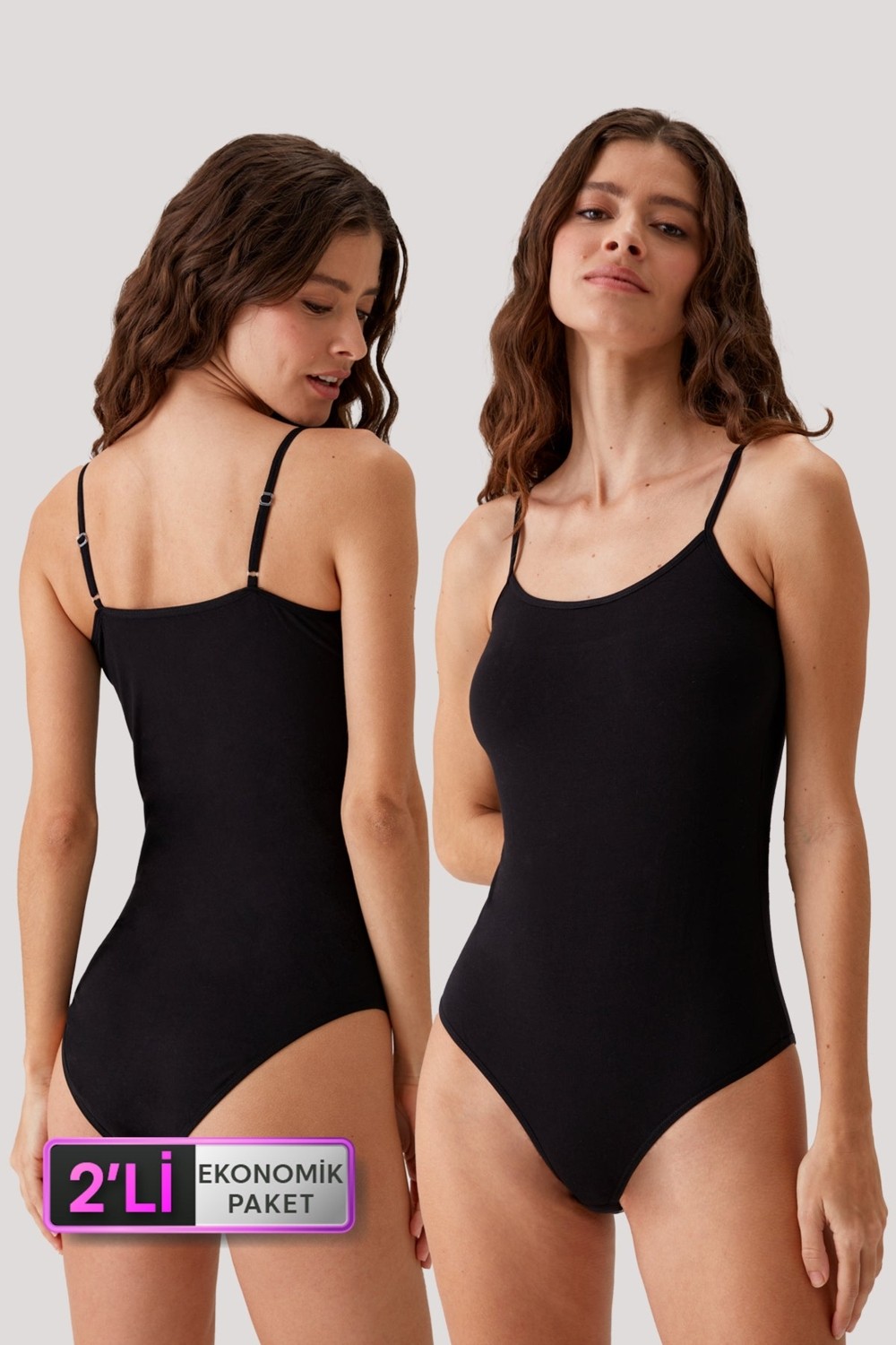 Pierre Cardin 2'li Ekonomik Paket Siyah 3004 Ince Askılı Basic Pamuklu Çıtçıtlı Body / Atlet Set görsel 6