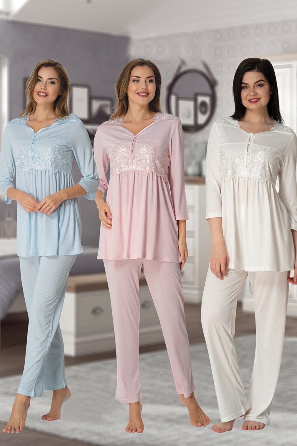 Effort t 3011 Mavi Dantel Detaylı Lohusa Pijama Takımı