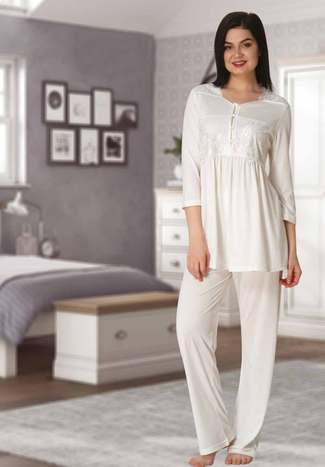 Effort t 3011 Dantel Detaylı Lohusa Pijama Takımı Ekru